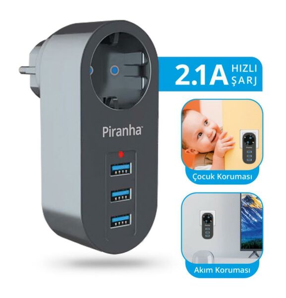 Piranha 3 Usb'li Termal Akım Korumalı Priz
